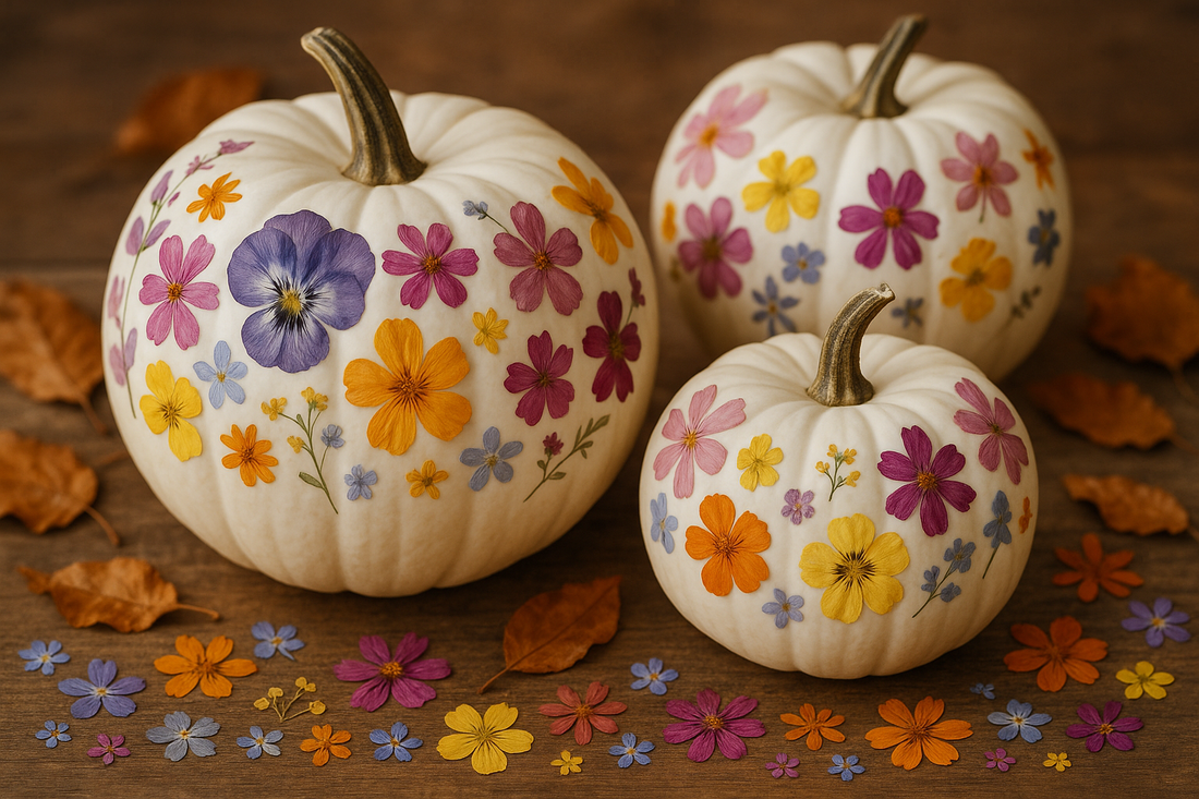 white pumpkin + pressed flowers